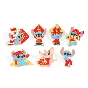 Disney Stitch New Year Style Badge Set of 7 Enamel Pins Featuring Festive Designs and Beloved Characters Perfect for Disney Enthusiasts