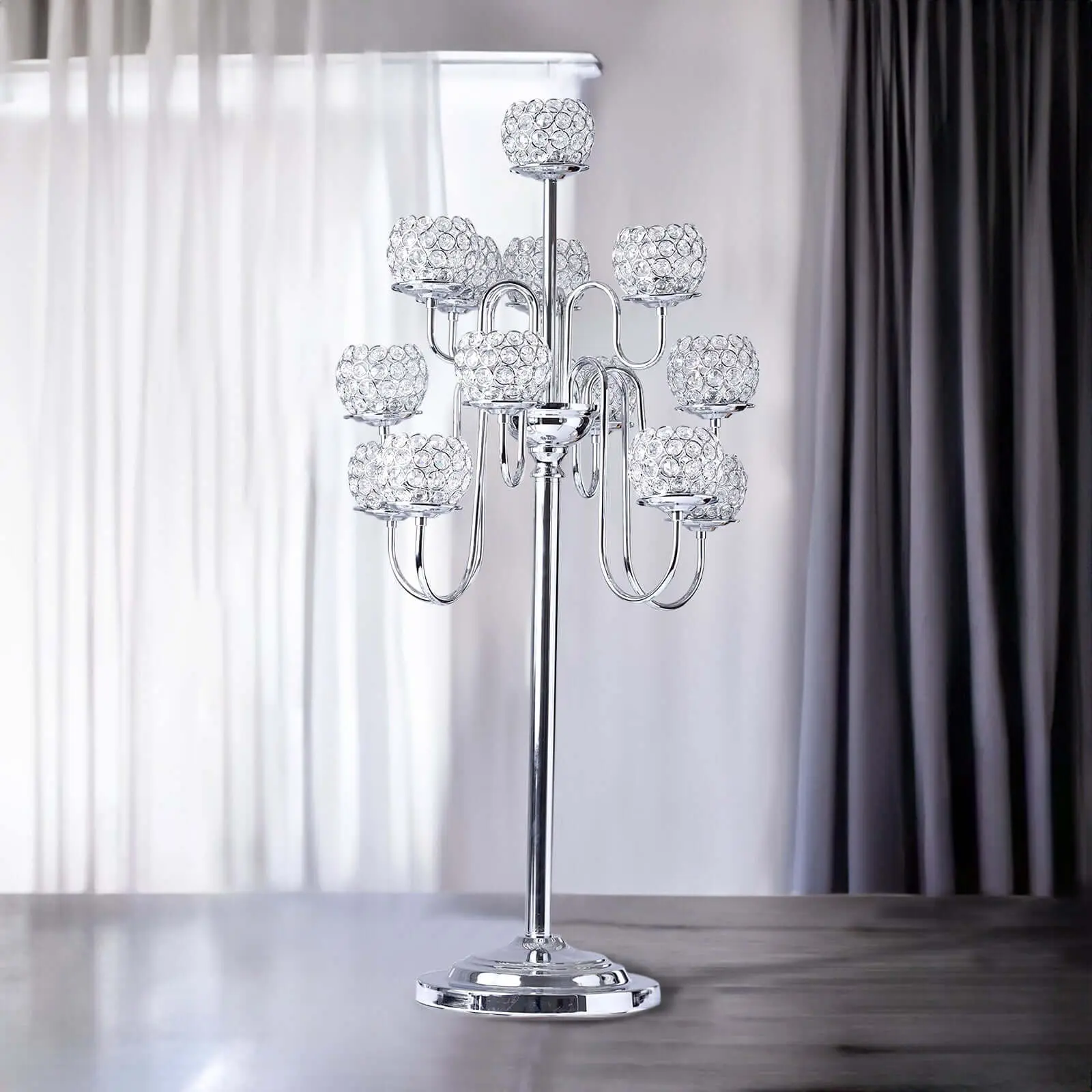 Silver Multi-Arm Metal Crystal Beaded Candelabra - 13-Arm 40" Home Decor Table Decor, Wedding & Birthday Centerpiece for Events, Room Decor