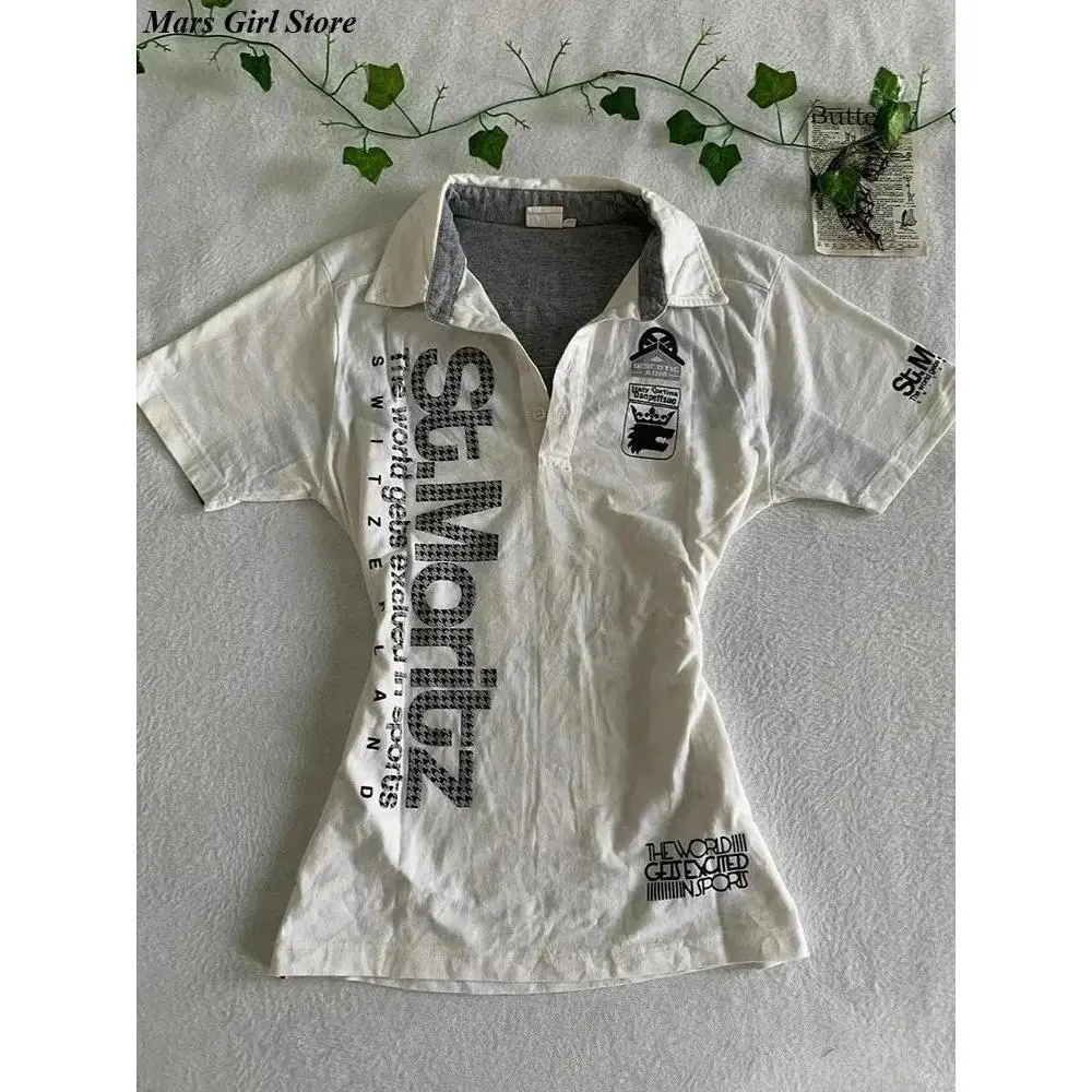 Y2K Japanese Streetwear Polo Shirt Women Slim Crop Tee 2026 White Short Sleeve Tops Letter Badge Houndstooth Vintage Harajuku