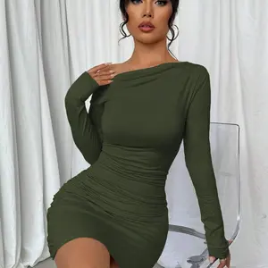 Asymmetric Off Shoulder Long Sleeve Ruched Mini Dress For Women