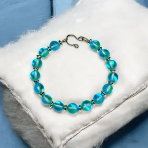 Lake Blue Aurora Crystal Glass W/S Steel Bracelet - Fits Wrist Size 7" - Elegant Design for Everyday Wear