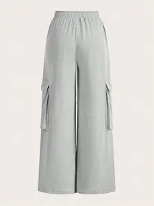 Women's Plain Flap Pocket Cargo Pants Knit, Casual Aesthetic Streetwear Wide Leg Trousers for Spring & Fall, Women's Bottoms for Everyday Wear Fit, Womenswear