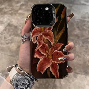 Oil Painting Lily Flower Retro Pattern Suitable for TPU for iPhone 17 Pro Max/16PROMAX Mobile Phone Case iPhone15PROMAX/14/16PLUS/15/13P/12/11/X/XR/XSMAX Silicone Anti-fall Color Silvery, Acrylic Protective Cover High Value Protector Screen Protector