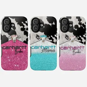 Carhartt Western Cow Print Glitter Tough Phone Case for Women, Cute Cow Skull Floral Design, Pink Teal Sparkle Phone Cover, Trendy Country Style Protective Case Gift for Mom Babe Girls Suitable for iPhone 17-11 Pro Max/Plus and  Samsung Galaxy S23-25