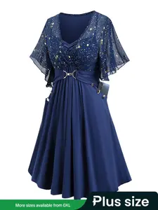 【Plus Size】 Star Patchwork Print Fake Buttons Ruched Wrap Dress, Elegant Butterfly Sleeve Pocket Chain Detail Dress for Party Holiday Wedding Guest, Women's Clothes for Summer, Dresses for Women, Classy Dresses, Womenswear