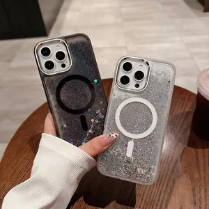 Glitter liquid glitter magnetic case – fits iPhones & Samsung models, black/gold/silver options, liquid dynamic design, wireless charging ready, sleek clear hard shell!