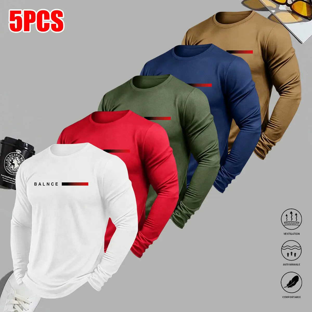 Men's Slim Fit Polyester Colorblock Athletic Casual Long-Sleeve Sports Shirts (Pack of 5) - Men's Activewear for Sports, Commuting, Golf