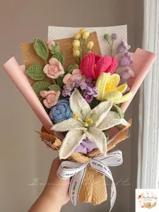 Mother’s Day Gift, Crochet Flower Mother Bouquet with Carnation, Tulip, Rose, Graduation Gift, Birthday, Anniversary Gift for Her, Girlfriend, Wife, Friend, Includes Card, Home Decor, Pink Decorative Flowers