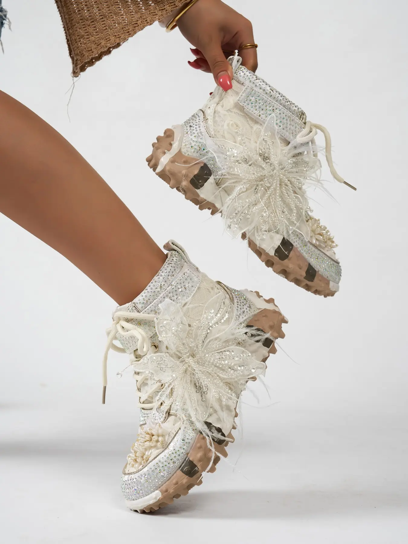 New Sweet Cool Style High Top Shoes for Women, Mesh Butterfly Knot Thick Sole Boots, Rhinestones Heel Dad Shoes, Rhinestone Bling Boots