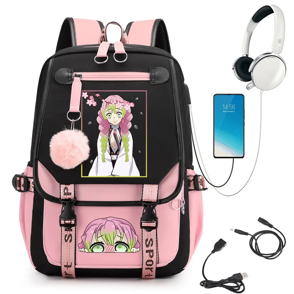 Cute Women's Backpack, Demon Slayer Anime Backpack, Pink Black Contrast Casual Daypack With USB Charging Port, Fashion Anime Graphic Backpack With Pom Pom Decor For Daily Travel