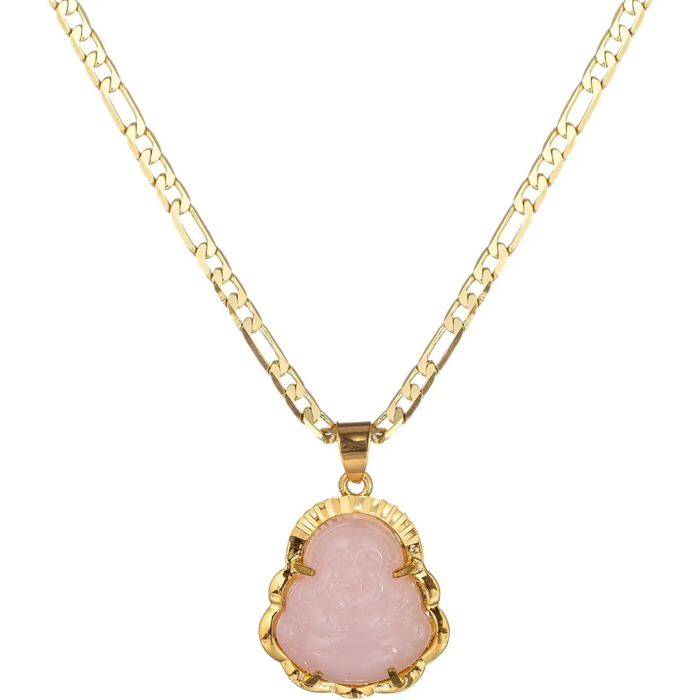 Plated Buddha Pendant Necklace for Women Men 3MM Flat Figaro Chain Necklace Blue Green Pink White Yellow Buddha Head
