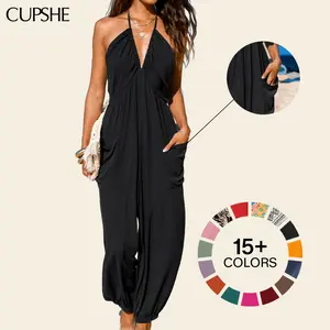 CUPSHE TikTokShopSpringGlowUp Plunge Halter Wide Leg Jumpsuit with Pockets Sleeveless Overalls– Adjustable Strap Lightweight Tropical Print Resortwear Womensfashion