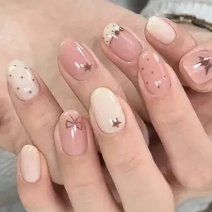 30pcs Short Oval Press-On Nails, Polka Dot Star Bow Pattern, Light Fake Nails, Includes Jelly Glue and File, Nail Tips