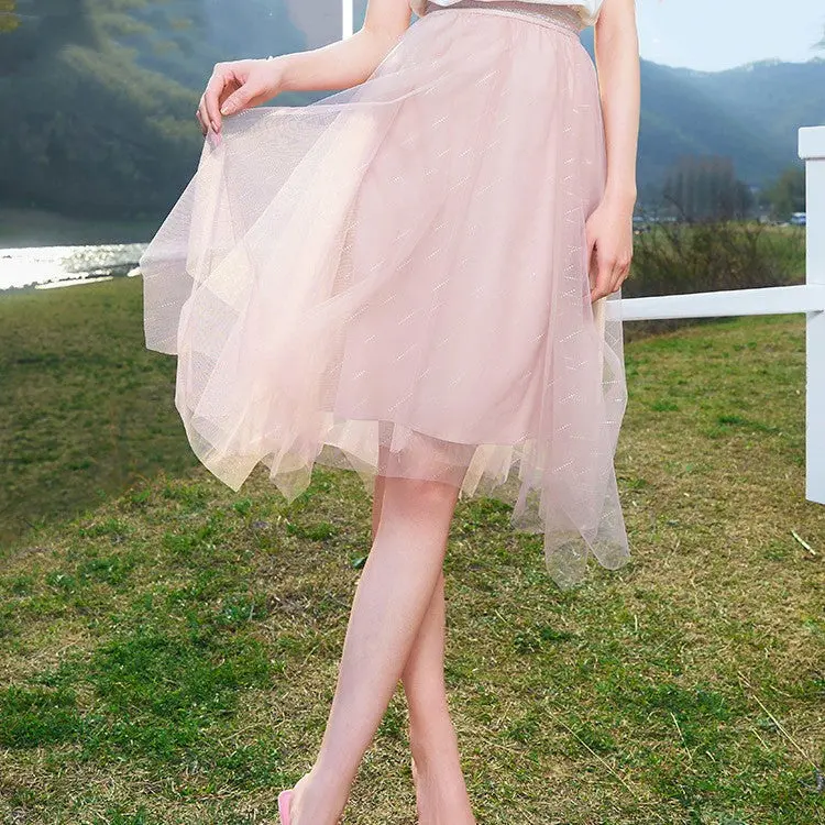 Super Fairy A-line Gauze Skirt High Waist Irregular Pink Fairy Mesh Gauze Skirt