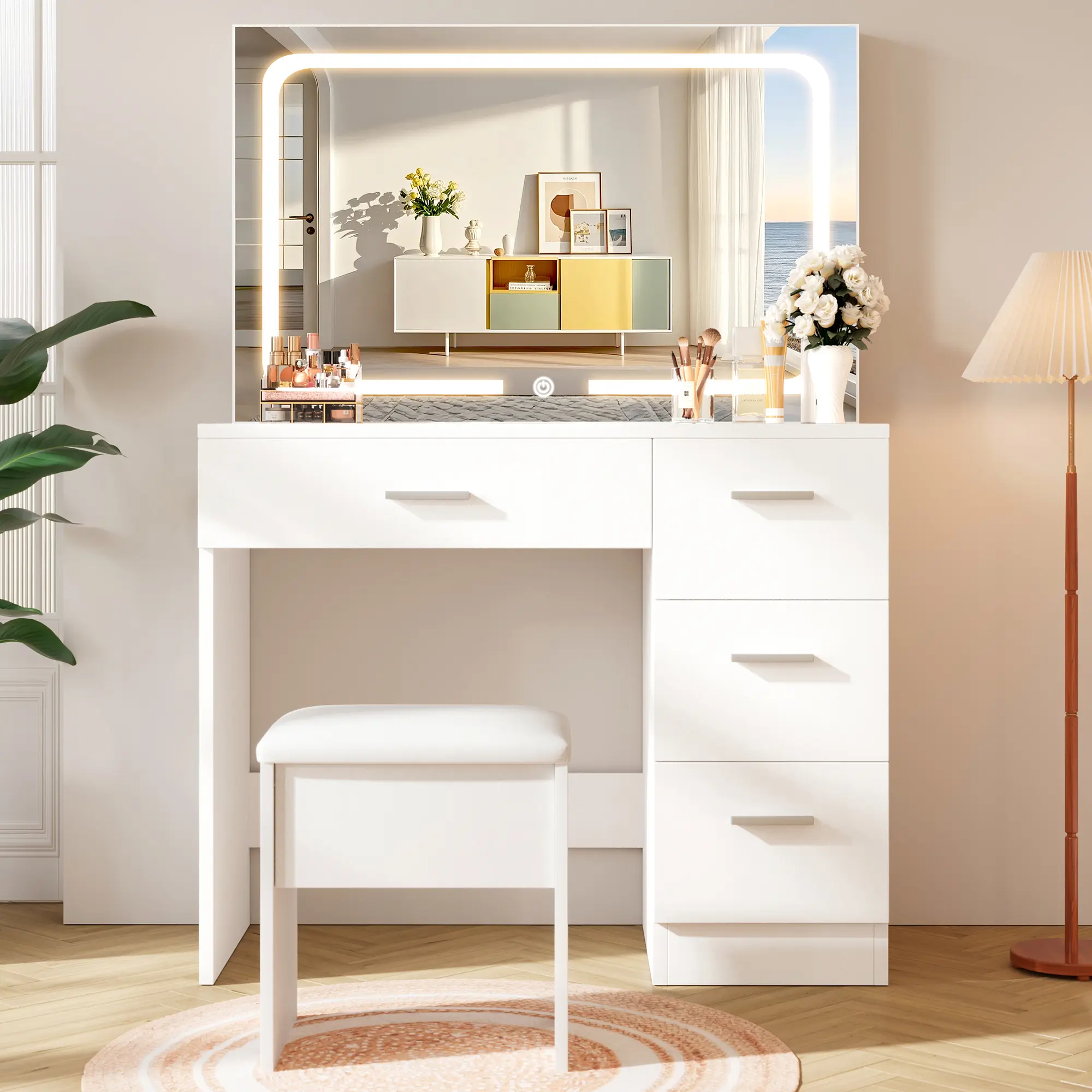 【Home Essentials】WeCharmer Illuminated Makeup Vanity Desk - Drawer-Style Compact Dressing Table with LED Mirror, Multi-Drawer Storage, Cushion Stool, Space-Saving Indoor Bedroom Furniture