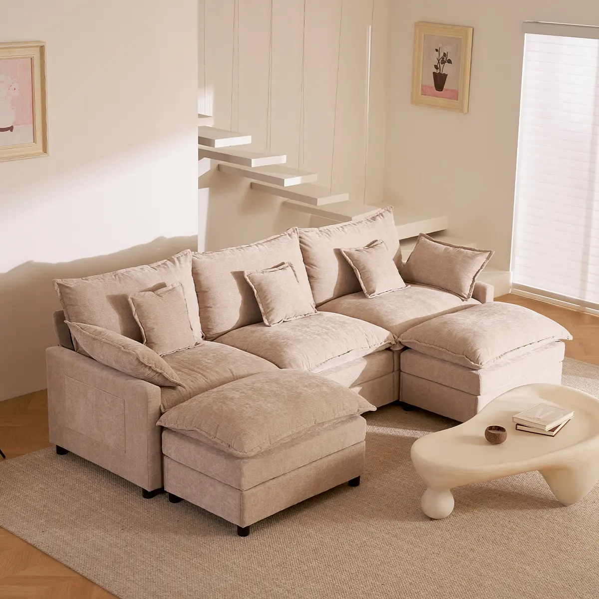 GOSUHI | 108" U-Shaped Modular Cloud Sofa, 3-Seater Sectional with 2 Movable Ottomans,Deep Seat,Chenille,Linen,SohoChic