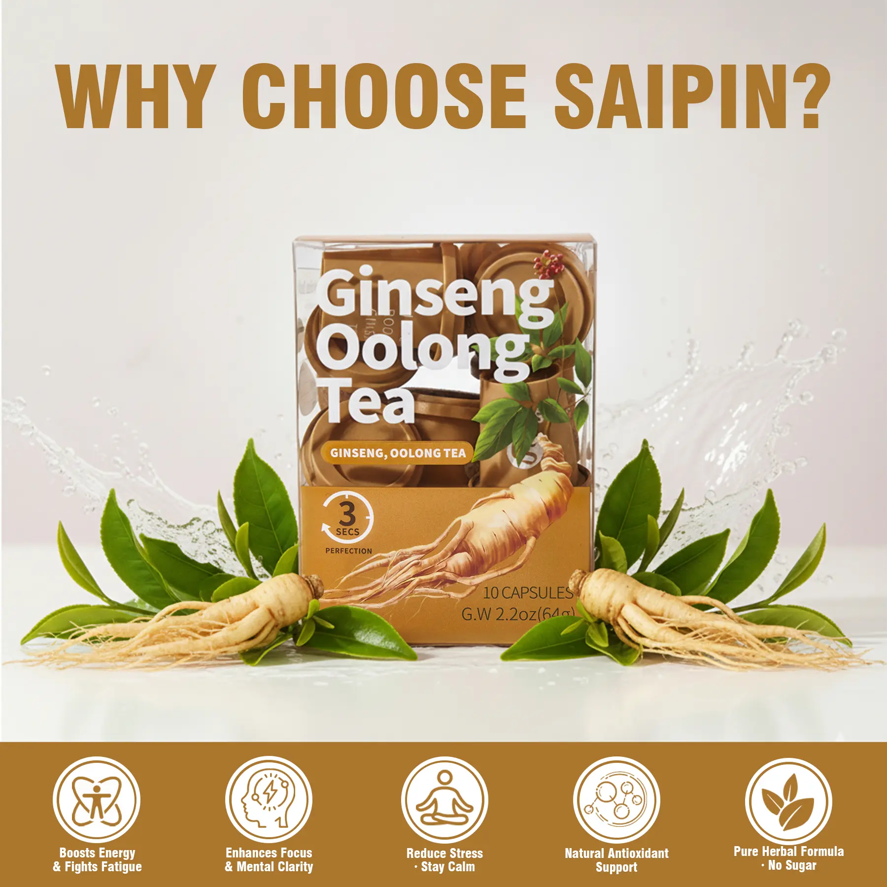 SAIPIN Natural Organic Ginseng Oolong Tea Capsules - Freeze-Dried, Sugar-Free, Vegan, Caffeine-Free, Non-GMO, Convenient Instant Chinese Herbal Tea, Ready-to-Mix Beverage for Energy, Immune & Digestive Balance Support