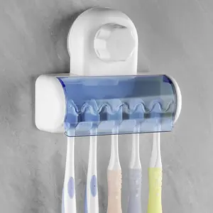 1 self-adhesive toothbrush holder with a lid, Toothbrush Storage, suitable for bathrooms, featuring a 5-grid wall-mounted design, ideal for use in shower rooms, dormitories, or cabinets.
