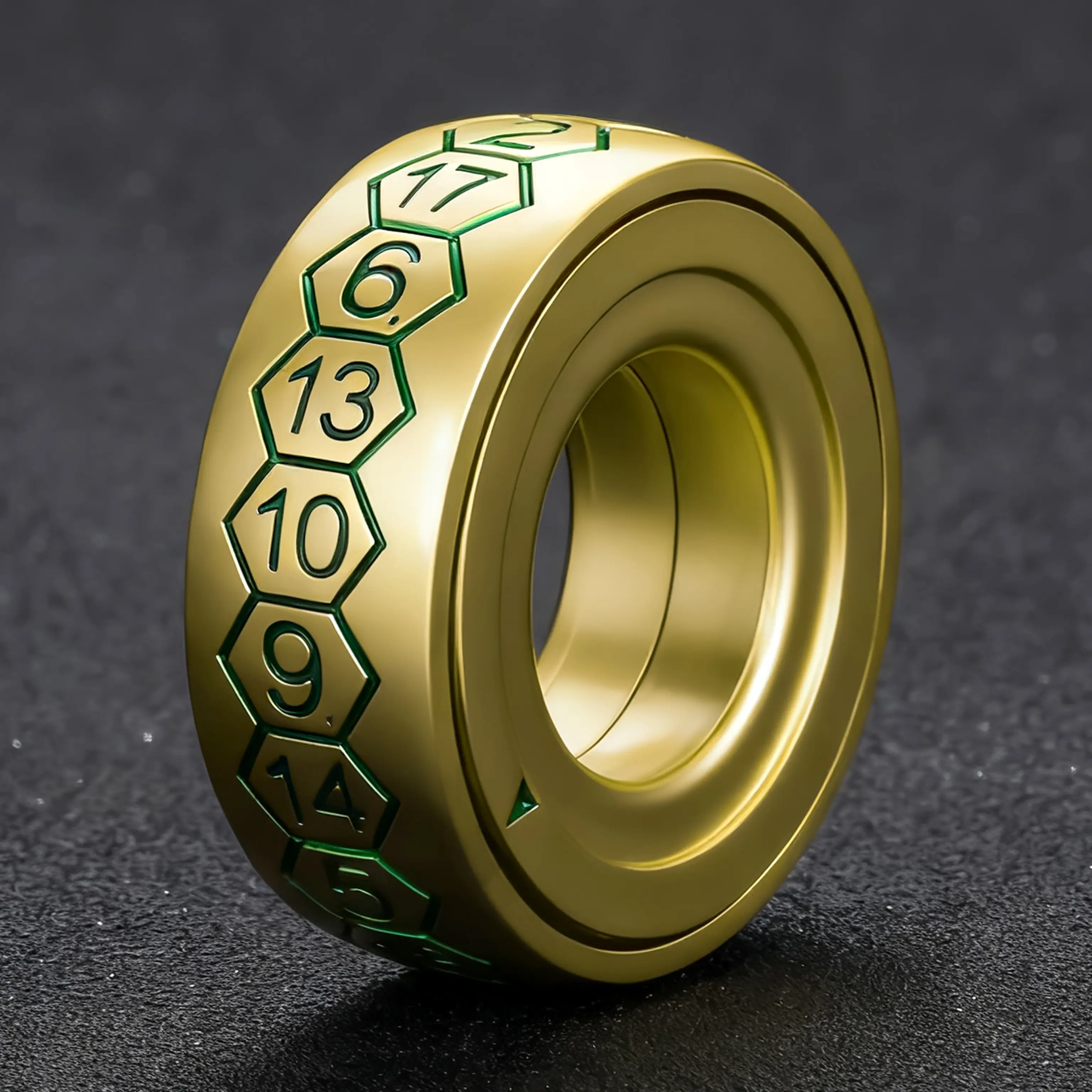 Unisex Zinc Alloy D20 Dice Spinner Ring - Black with Laser-Etched Gold Lettering, 18.5mm Inner Diameter, 37mm Outer Diameter, Solid & Durable Fingertip Control Luck Ring for 12+ Years, Role-Playing Games