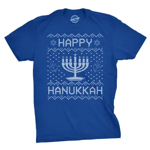 Mens Happy Hanukkah T Shirt Funny Jewish Christmas Menorah Tee for Guys Mens Funny T Shirts Cool Vintage Fashion T-Shirt Gift Classic Menswear Christmas Apparel for Men Novelty Tees for Guys Royal