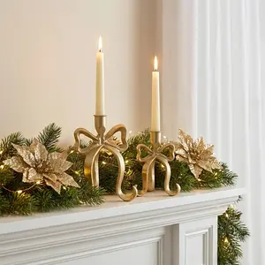 2PCS Vintage Gold Bow Taper  Holders – Elegant Cast Iron Candlestick Decor for Mantel, Dining Table & Wedding Styling Cherry Bag n teen room  Pendant Dice islamic wall set  day generational drip candle plate suncatcher ornament barro center pieces