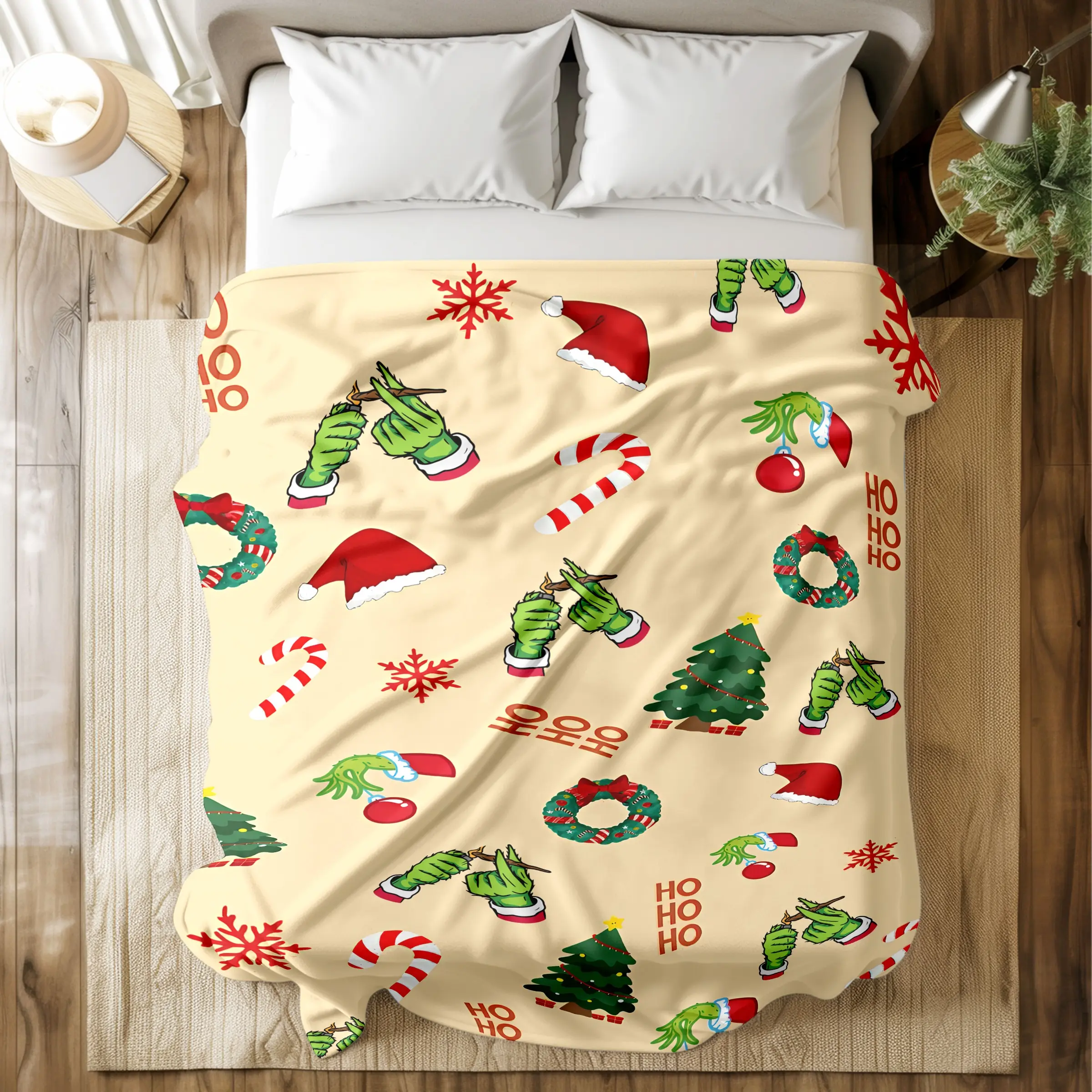 "Christmas Print" fleece blanket featuring Santa hats, candy canes, and snowflakes. Ultra-soft, durable, quick-dry, machine washable. Multiple sizes for bed, sofa, travel, camping, or office naps. Perfect festive gift for holiday enthusiasts.