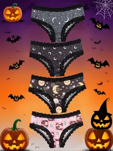 Morvia 4pcs Sexy Cute Gothic Halloween Contrast Lace Hipster Panties, Allover Print Comfy Intimates Briefs Panties, Women's Underwear & Lingerie