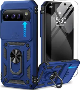 Google Pixel 10 / Pixel 10 Pro Case with Ring Stand & Slide Camera Cover – Shockproof Protective Phone Case (Blue)