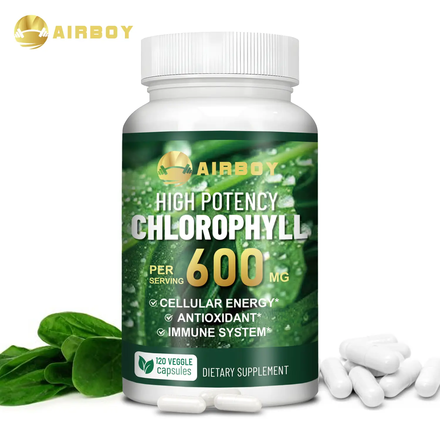 AIRBOY Chlorophyll 600 mg - Highly Bioavailable Chlorophyllfor Energy, Immune Support, Skin & Body Deodorization - 60/120 Capsules