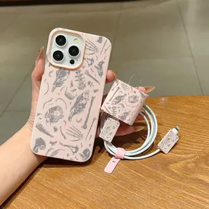 5-Piece Set with Textured Striped Design, Includes Charger Case, 2 Data Cable Sleeves, and Silicone Cable Tie for iPhone 11-16 Series