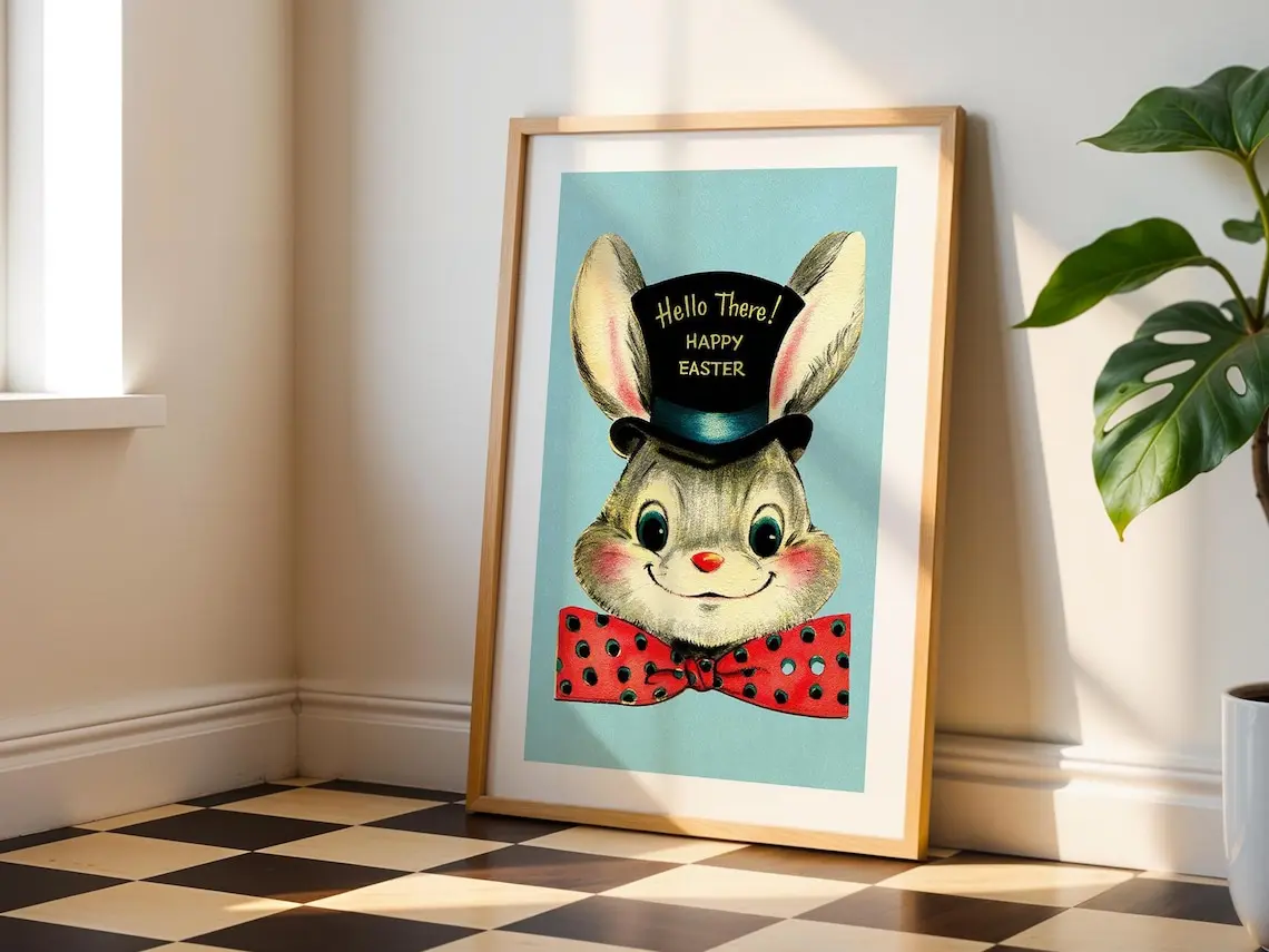 Retro Easter Art Easter Bunny Print Happy Easter Poster Kitchen Wall Art Easter Home Decor. Unframed Print Wall Art for Room Decor. Vintage Aesthetic Poster for Bedroom, Living Room, Office.