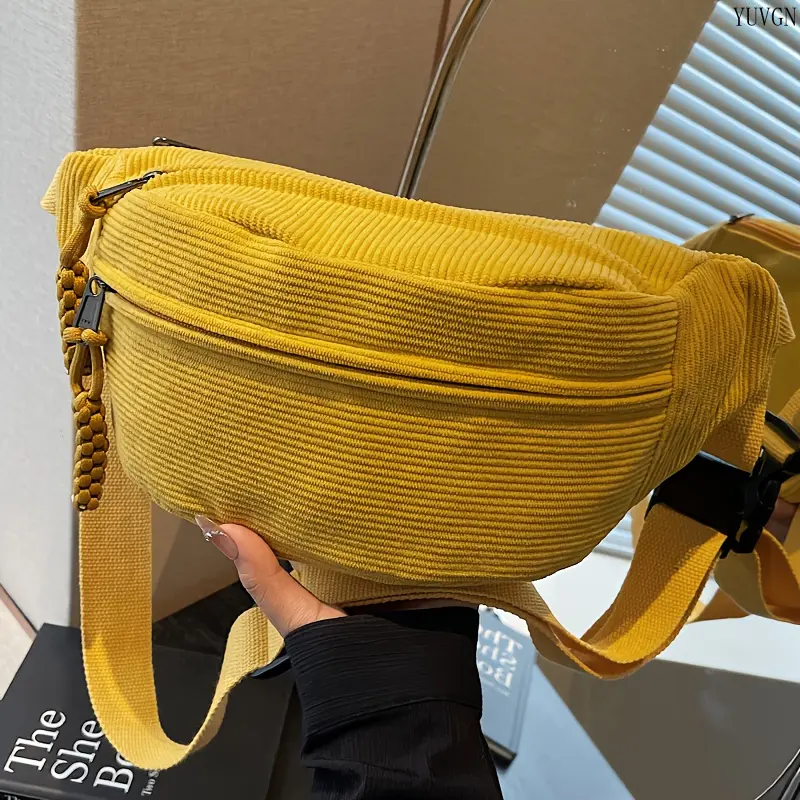 Women's Corduroy Waist Pack - High-Capacity Minimalist Vintage Woven Bum Bag with Adjustable Strap, Multiple Zippers for Daily Commute, Casual Outdoor Sports