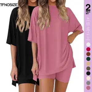 Women's casual wear,, 2-piece suit, pajamas, casual loose, short-sleeved shorts, airport travel wear, hem slits, home wear loungeetwomen loungewear Soft Top Fit Nightwear Breathable Bottom Womenswear Day