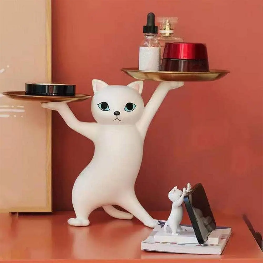 Resin Cat Decorative Tray, Dancing Fun Cat Statue, Resin Animal Figurines, Resin Animal Sculptures, Home Bedroom Office Desk Decoration, Unique Room and Home Accessories Ornaments, Indoor Room Decor