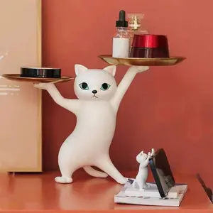 Resin Cat Decorative Tray, Dancing Fun Cat Statue, Home Bedroom Office Desk Decoration, Unique Room and Home Accessories Ornaments