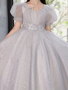 Christmas Long Girls' Dress with Sequins, Mid-Waist Rhinestone Design, Multi-Layer Mesh, Perfect for Piano Performances, Hostess, Weddings, Sparkly Glitter Dresses