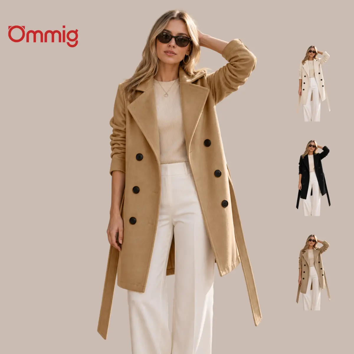 Ommig Women's Double Breasted Wool Blend Peacoat, Long Sleeve Mid-Length Button Front Jacket with Structured Fit for Fall Winter