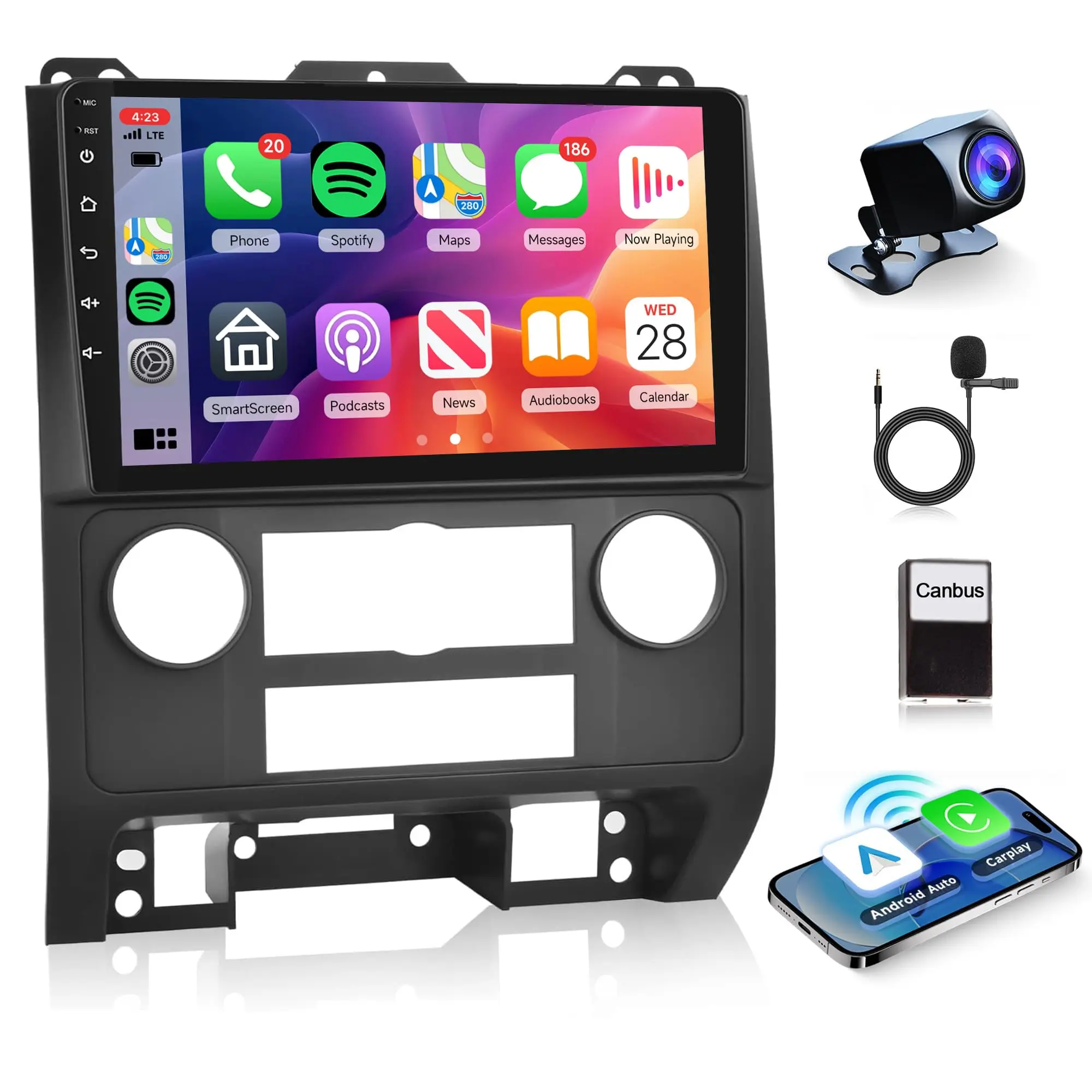 Summervibes 9-in Car Video Player for Ford Escape 2007-2012/Mazda Tribute 2007-2012, Android 15 Car Radio with 2G+64G, CarPlay, Android Auto, GPS Navigation, Wi-Fi, HiFi Audio, Bluetooth, FM, Backup Camera, Carplay Wireless Adapter, Father's Day Gift, Tem