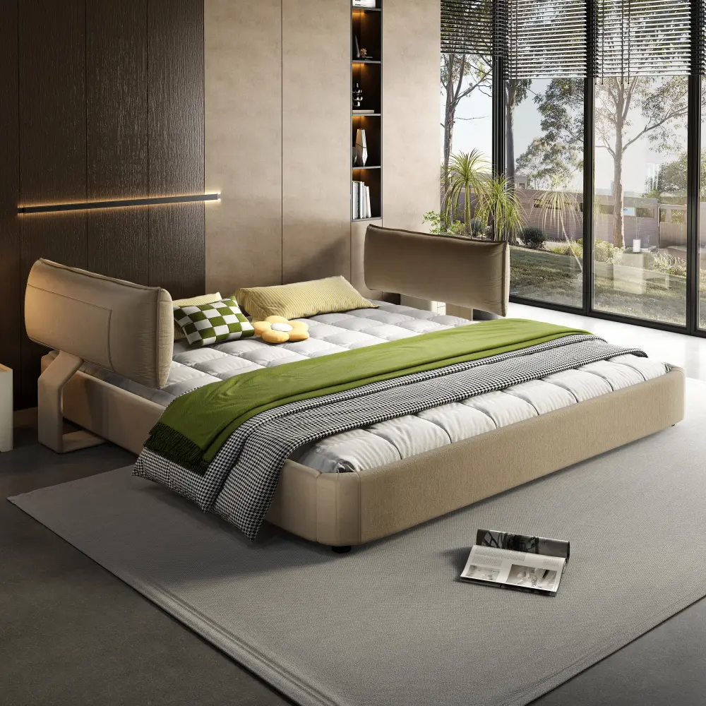 King Size Cloud Bed Frame, Chenille Upholstered Bed with Oversized Padded Movable Headboard and Round Corners, Metal + Solid Wooden Slat Double Support, No Box Spring Needed, King Size Bed Frame