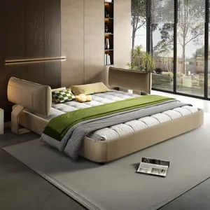 King Size Cloud Bed Frame, Chenille Upholstered Bed with Oversized Padded Movable Headboard and Round Corners, Metal + Solid Wooden Slat Double Support, No Box Spring Needed, King Size Bed Frame