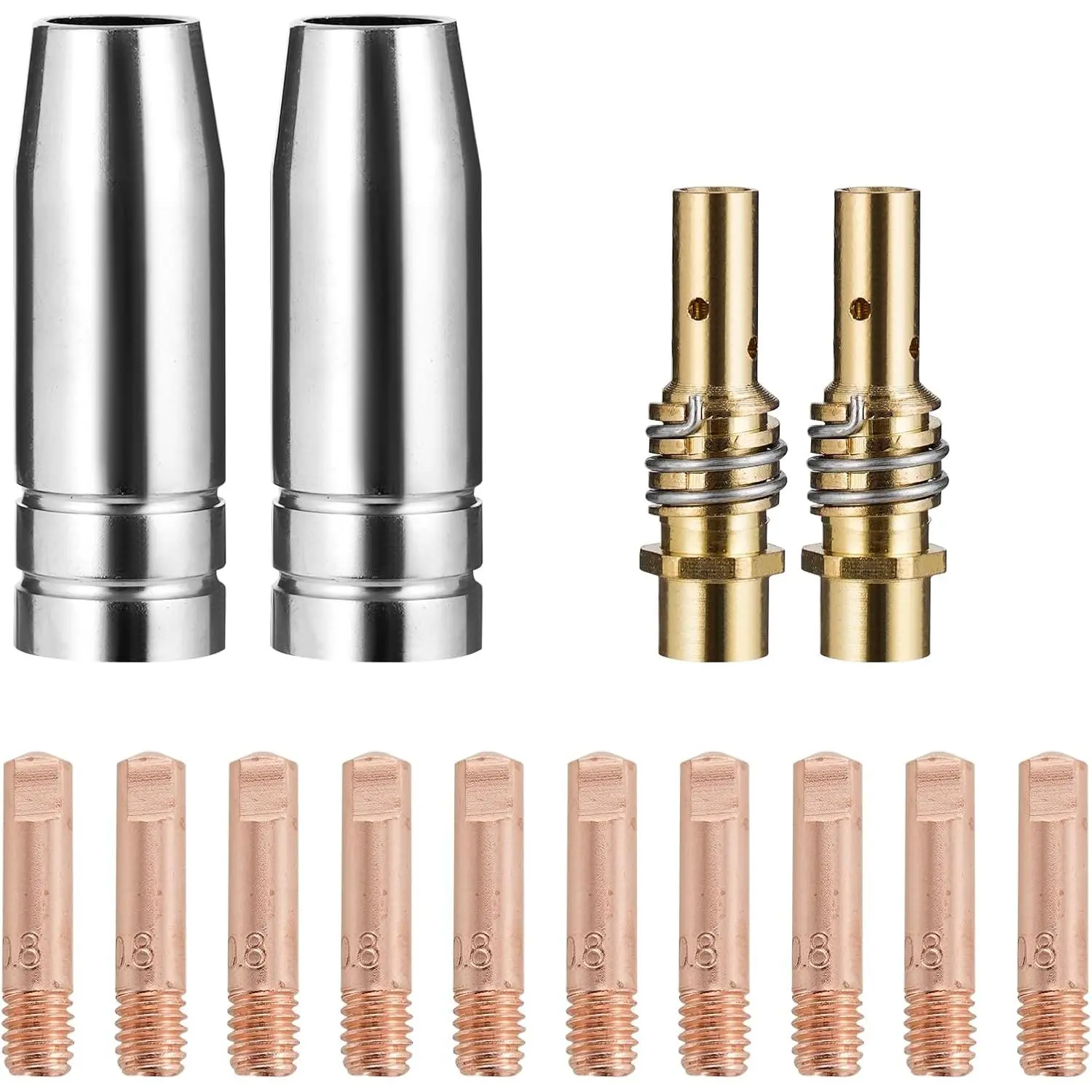 MB15 15AK Gas Shielded MIG/MAG Welding Torch Replacement Accessories Kit for Mig Users, Easy to Install, High-Temp Resistant, Long-Lasting Performance, 10pcs x 0.030" Copper Contact Tips, 2pcs Gas Diffusers, 0.8mm Nozzle (14-Pk)