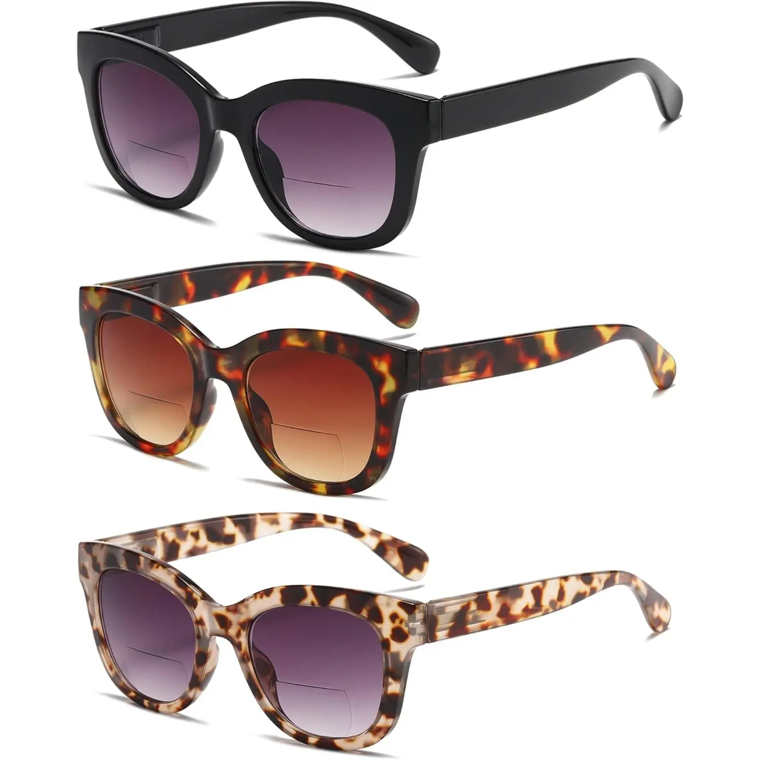 3-Pack Women's Bifocal Sun Readers, Oversized Sunglasses with Spring Hinge, UV400 Protection for Driving +2.0 Magnification, Sunglasses For Driving, Sun Protection, Enhance Contrast, 3Mix, Trendy Sun Glasses, +2.0 Magnify
