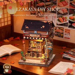 CUTEBEE Japanese Lzakaya Book Nook Kit with LED Lights 3D Wooden Miniature House for Adults & Teens Unique Black Friday Christmas Gift Vibrant Bookshelf Decor