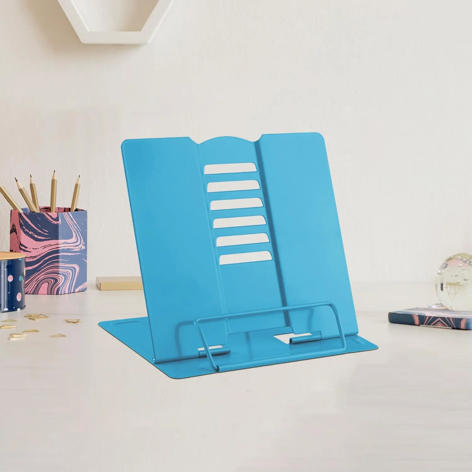 Small Desk Book Stand Metal Reading Rest Book Holder Adjustable Cookbook Documents Holder Portable Sturdy Bookstands for Recipes Textbooks Tablet Music Books(Sky Blue)