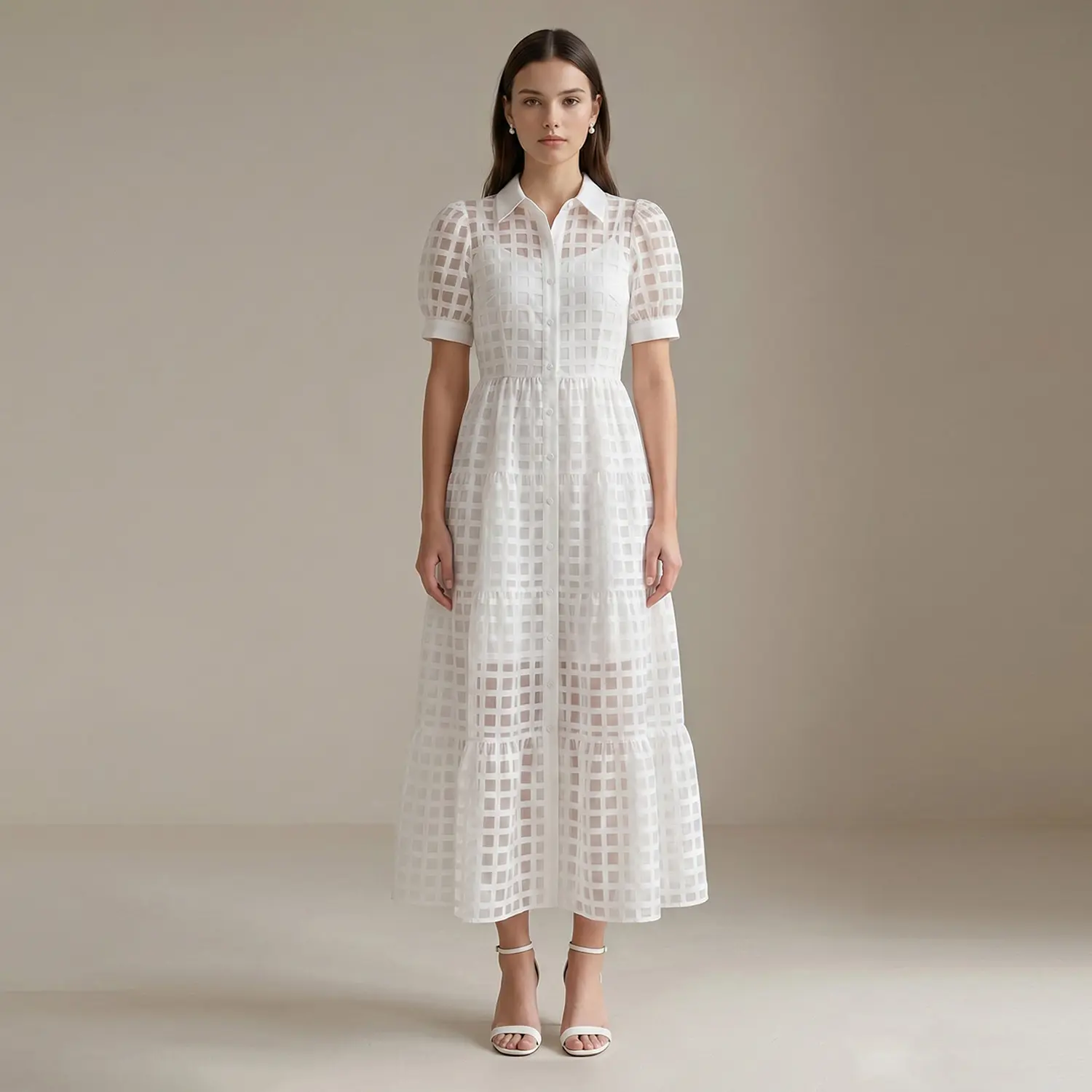 Women's LesLuvra White Sheer Grid Puff-Sleeve Casual Maxi Dress, Featuring Hidden Pockets