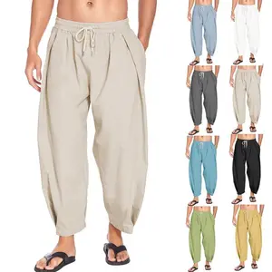 2025 Men's Cotton Linen Harem Pants Drawstring Leisure Cropped Pants Lightweight Loose Beach Yoga Pant Belt Mouth mens  linen  pants Island Menswear