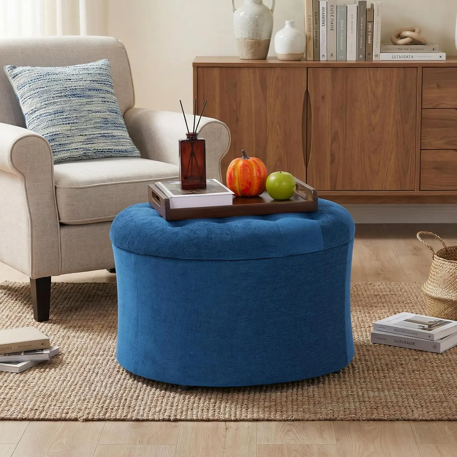 ONBRILL 25" Round Storage Ottoman - Small Indoor Footrest Stool with 220 lbs Load Capacity, Blue Organizer for Books, Blankets, Kids' Toys in Living Room, Bedroom