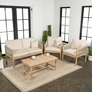 JONATHAN Y Tavira 4-Piece Modern Bohemian Acacia Wood Outdoor Patio Set with Cushions and Plain Decorative Pillows