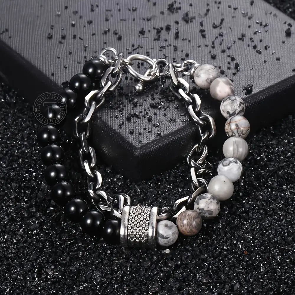 Double Layer Mens Womens Bracelet Gunmetal Tone Cut Cable Link Stainless Steel Black Glass Map Stone Bead Chain OT Buckle Fashion Jewelry Gifts