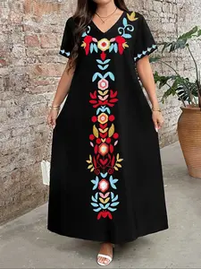 Plus Size Women's V Neck Short Sleeve Ethnic Embroidered Dress, Casual Wear, American Bohemian Vintage Style, Colorful Floral Embroidery, Party